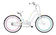 White bicycle with colorful rim stripes on a white background