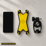 Yellow X-Grip phone holder and clamp flat lay (phone not included)
