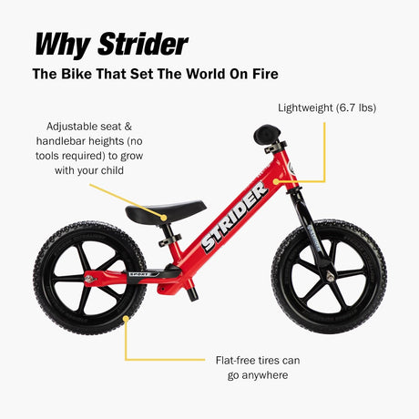 Red Strider balance bike with features highlighted on a white background