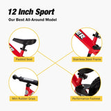 Red balance bike with features highlighted on a white background