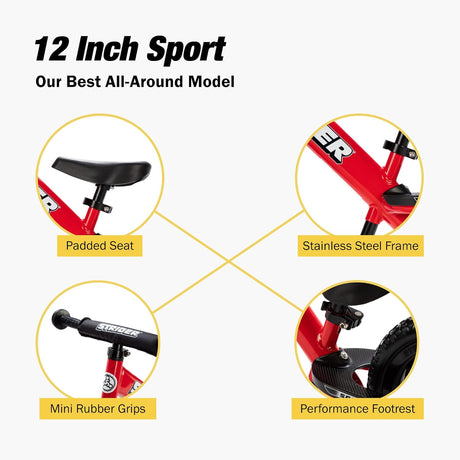 Red balance bike with features highlighted on a white background