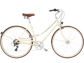 Beige bicycle with brown wheels and seat on a white background