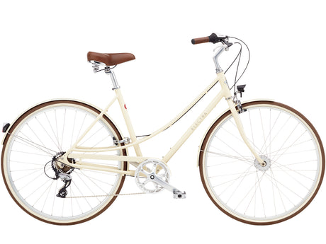 Beige bicycle with brown wheels and seat on a white background