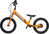 Orange Strider balance bike on a white background