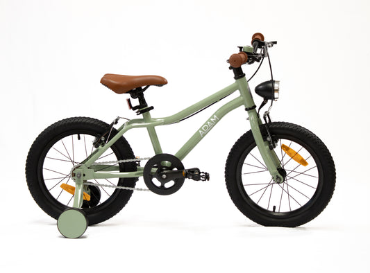 Children's mountain bike with a green frame and brown seat on a white background