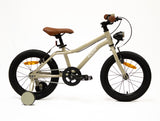 Children's mountain bike with a beige frame and training wheels on a white background