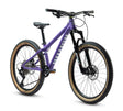 Purple mountain bike with black components on a white background