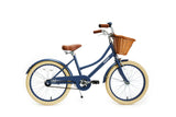 Blue bicycle with a brown basket on a white background