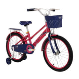 Children's bicycle with pink frame, blue accents, and training wheels on a white background