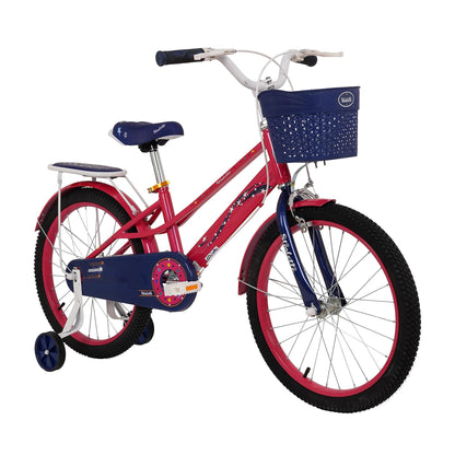 Children's bicycle with pink frame, blue accents, and training wheels on a white background