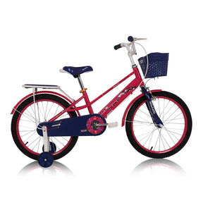 Children's bicycle with pink frame and blue accents on a white background