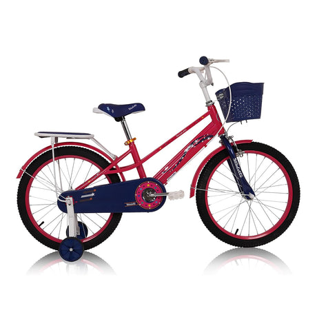 Children's bicycle with pink frame and blue accents on a white background