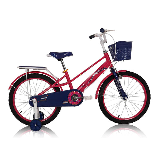 Children's bicycle with pink frame and blue accents on a white background