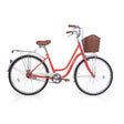 Red bicycle with a brown basket on a white background