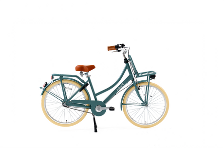Turquoise bicycle with brown seat on a white background