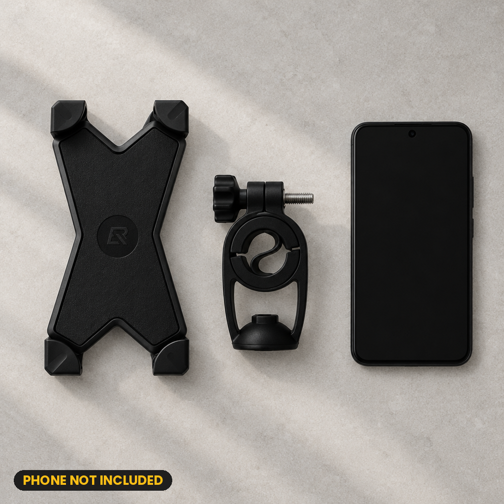 Black X-Grip phone holder and clamp flat lay (phone not included)