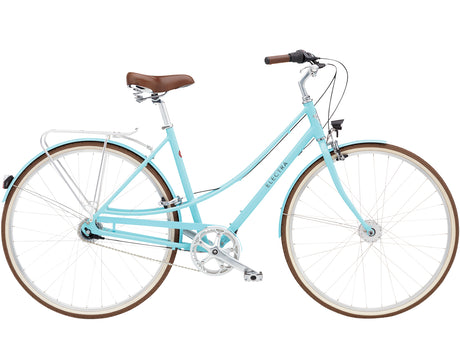 Light blue bicycle with brown seat and tires on a white background