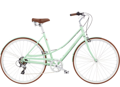 Mint green bicycle with brown wheels and seat on a white background