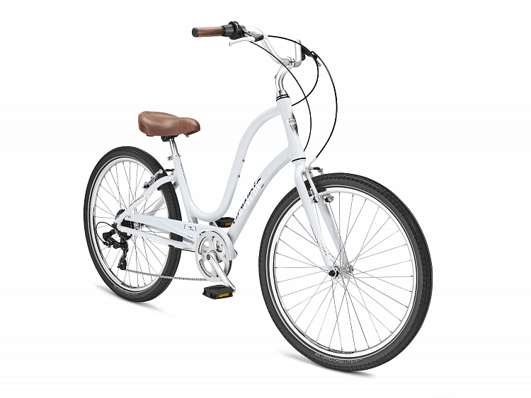 White bicycle with a brown seat on a white background