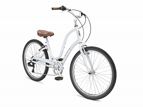 White bicycle with a brown seat on a white background