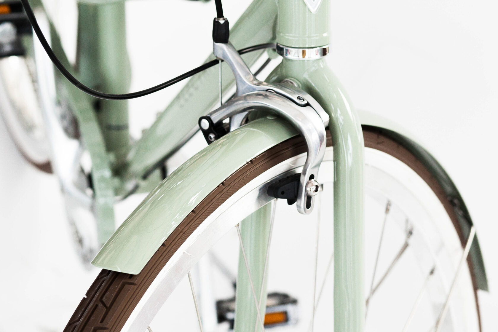 Close-up of a light green bicycle with brown tires on a white background