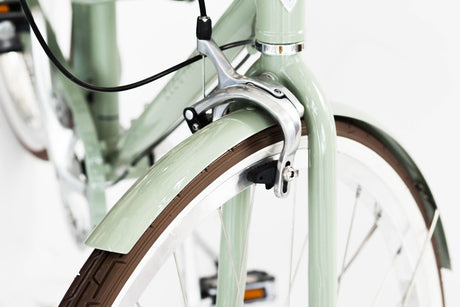 Close-up of a light green bicycle with brown tires on a white background