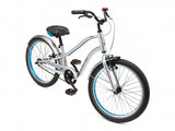 Silver children's bicycle with black seat and blue rim on a white background