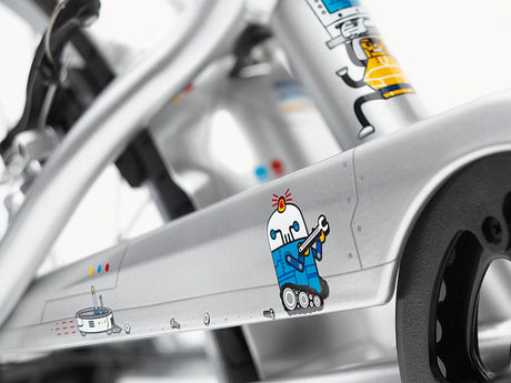Close-up of a bicycle frame with cartoon character decal