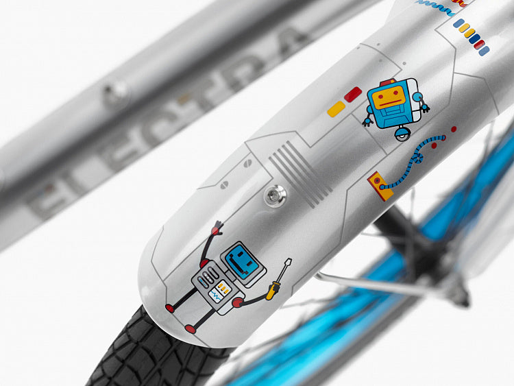 Bicycle fender with robot decals on a white background