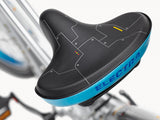 Black and blue Electra bicycle seat on a blurred background