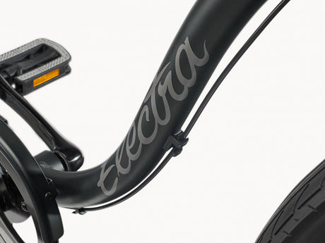 Close-up of a black electric bike frame with 'Electra' branding on a white background