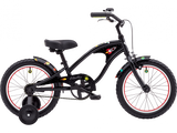 Black children's bicycle with red rims on a white background