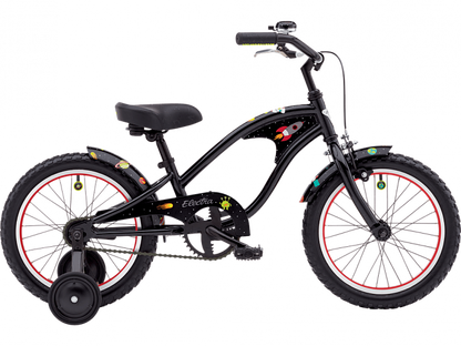 Black children's bicycle with red rims on a white background