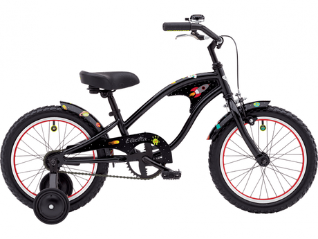 Black children's bicycle with red rims on a white background