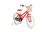 Red children's bicycle with a basket on a white background