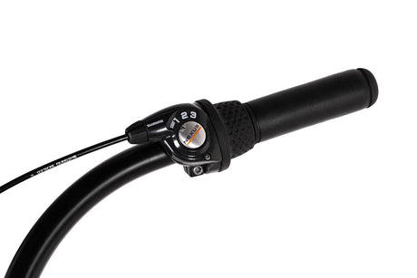 Close-up of a black bicycle handlebar with a throttle control on a white background