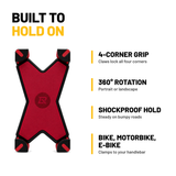 X-Grip phone holder features: 4-corner grip, 360 degree rotation, shockproof hold