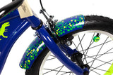 Close-up of a blue children's bike with green dinosaur graphics on a white background