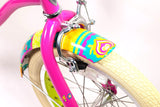 Close-up of a colorful bicycle handlebar with pink frame and yellow rim.