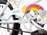 Close-up of a bicycle chain and gear system with a rainbow and sun design on the derailleur.