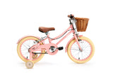 Pink children's bicycle with yellow wheels and a wicker basket on a white background