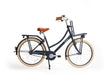 Navy blue bicycle with brown seat and tires on a white background
