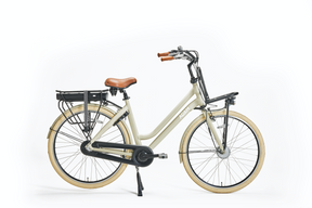 Beige bicycle with a brown seat on a white background