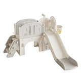 Children's playground structure with slide and climbing area on a white background