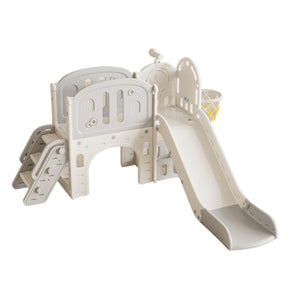 Children's playground structure with slide and climbing area on a white background