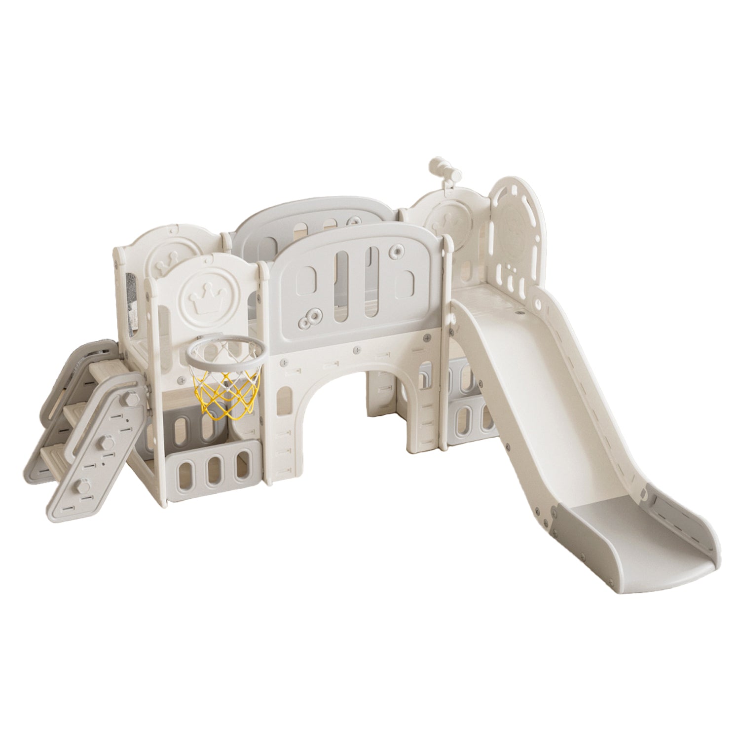 Children's playground structure with slide and climbing area  and twin towers on a white background