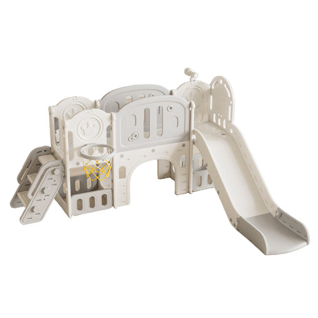 Children's playground structure with slide and climbing area  and twin towers on a white background