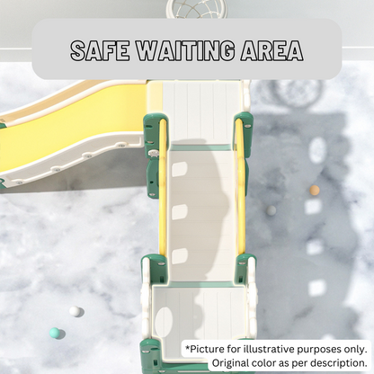 Children's playground equipment with a slide and ladder, labeled 'Safe Waiting Area'.