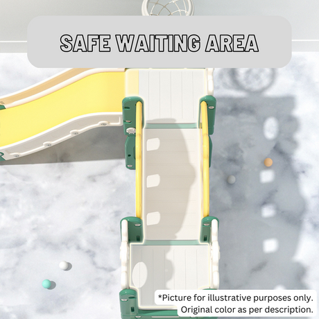 Children's playground equipment with a slide and ladder, labeled 'Safe Waiting Area'.