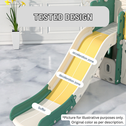 Children's slide with labeled zones on a marble floor